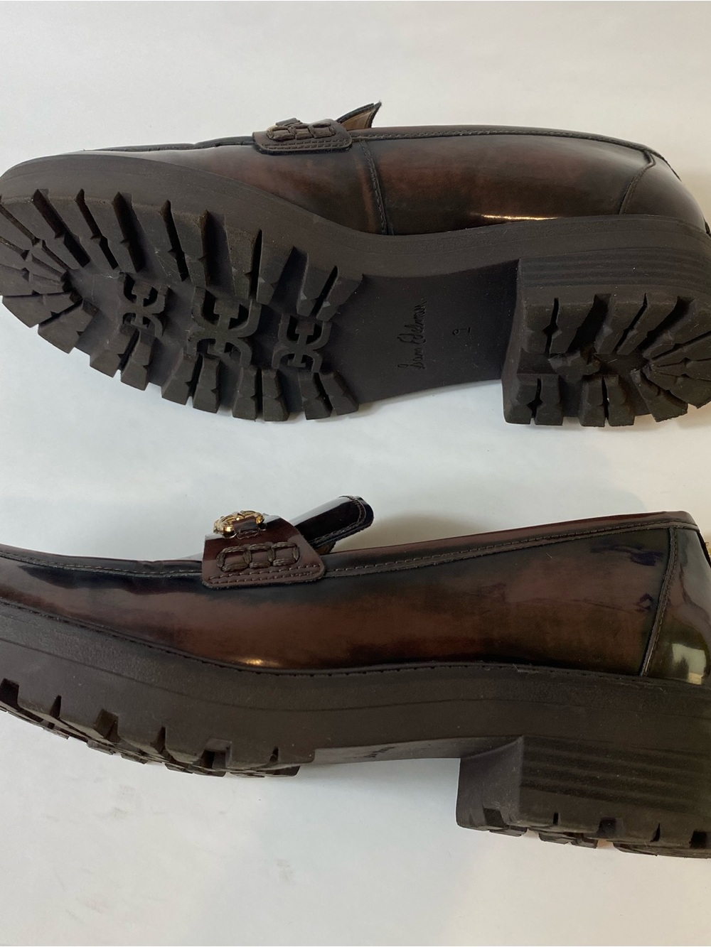 Sam Edelman Dark Brown Patent Leather Loafers with Gold Chain - Picture 9 of 12